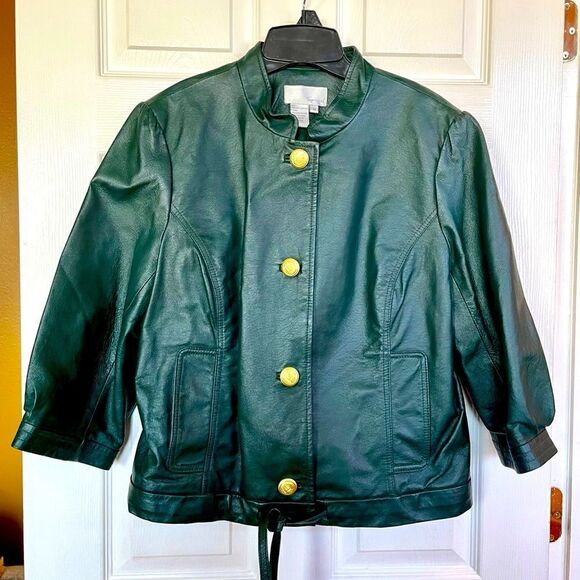 VINTAGE BLACK LEATHER JACKET WITH DRAWSTRING BOTTOM by SPIEGEL SIZE 18 LIKE NEW - Picture 1 of 6